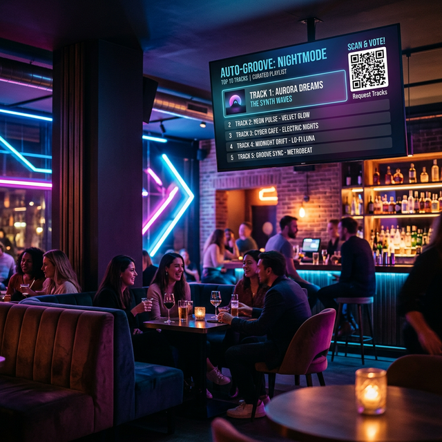 Pantalla de ranking y QR en un local nocturno