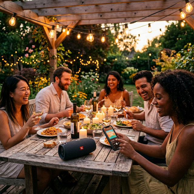 Grupo de amigos en cena de verano usando la app